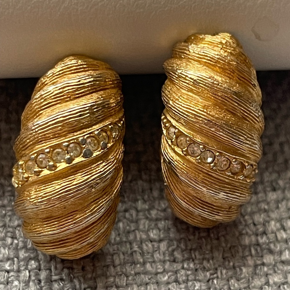 Christian Dior vintage gold & crystal pierced Chrysalis style half hoop earrings